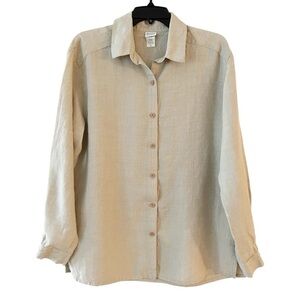 Eileen Fisher Linen-Blend Tonal Plaid Button Front Blouse Tan Size Small